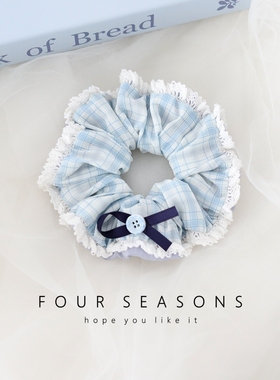 清新蓝色系格子大肠发圈简约蕾丝花边百搭少女心发绳头饰皮筋发饰