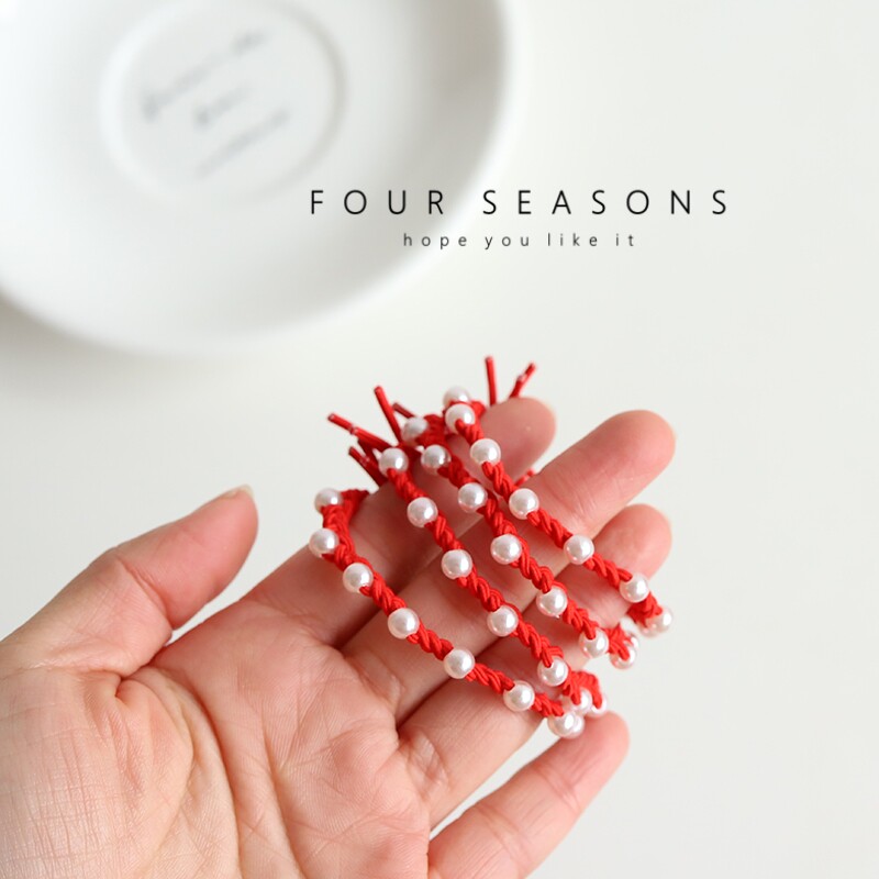 新年红色手工编织珍珠发绳麻花辫子皮筋弹力头绳节日喜庆发饰头饰