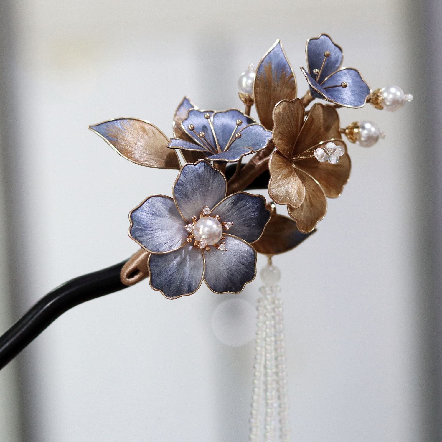 非遗绒花掐丝黑檀木发簪汉服