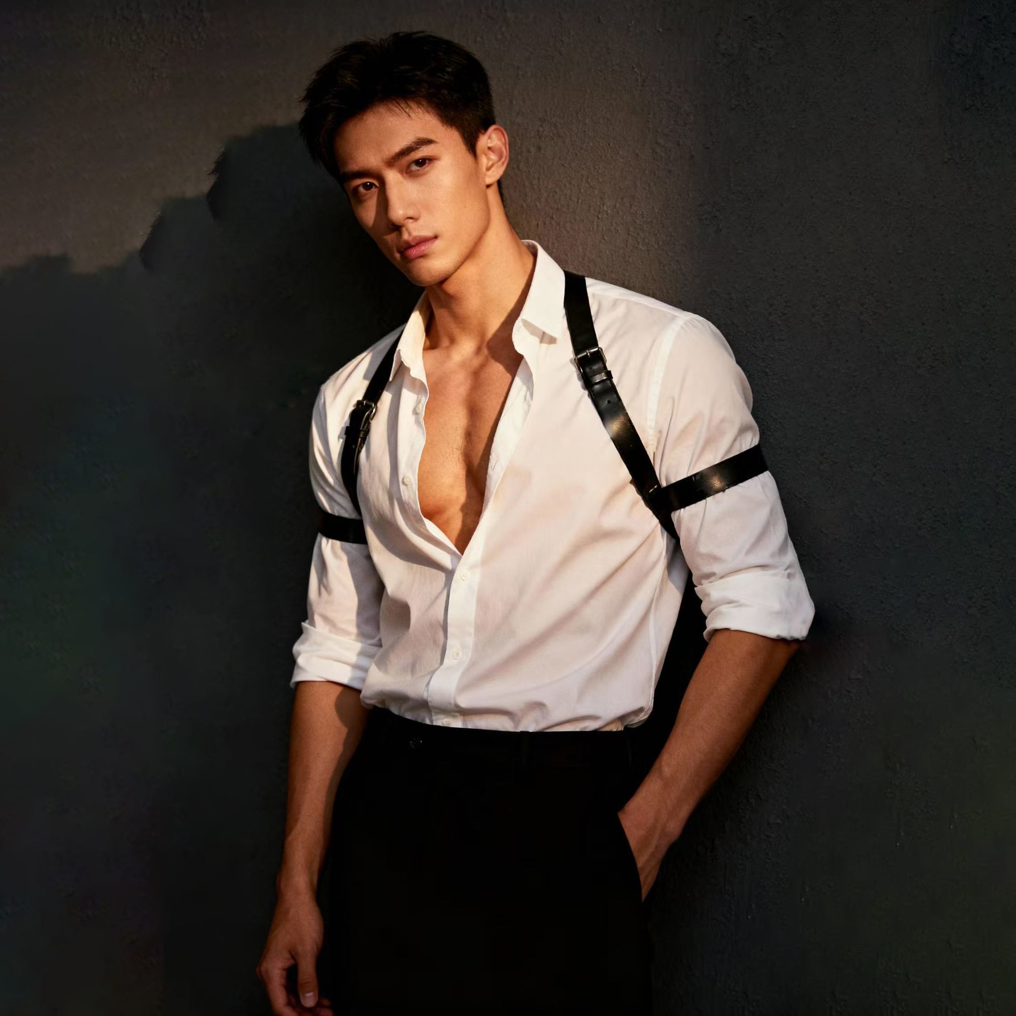 英伦雅痞男装禁欲系衬衫SM高级感痞帅炸街趣长袖背带酒吧男模西装