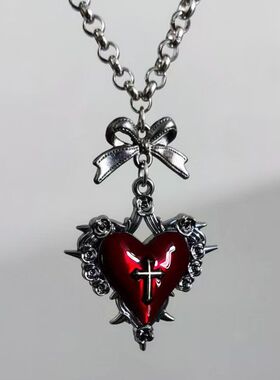 哥特朋克红黑爱心锁骨蝴蝶结十字架项链小众感ins风复古项链