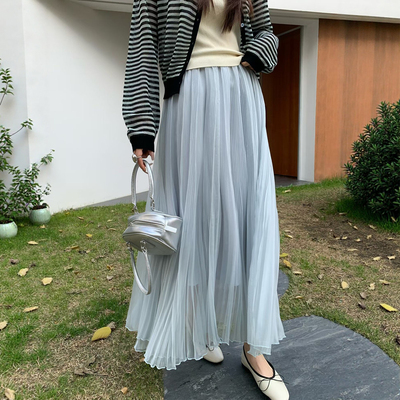 春夏法式仙高腰褶皱网纱半身裙
