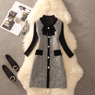 2026春秋冬小香风撞色拼接毛呢背心裙蝴蝶结气质洋气两件套装