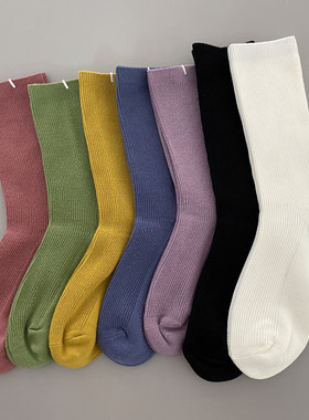 5双25元黑白纯色彩条双针坑条中筒日韩极简小腿女ins轻奢堆堆潮袜