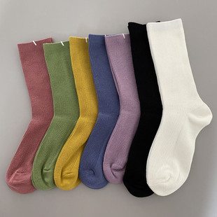 5双25元 黑白纯色彩条双针坑条中筒日韩极简小腿女ins轻奢堆堆潮袜