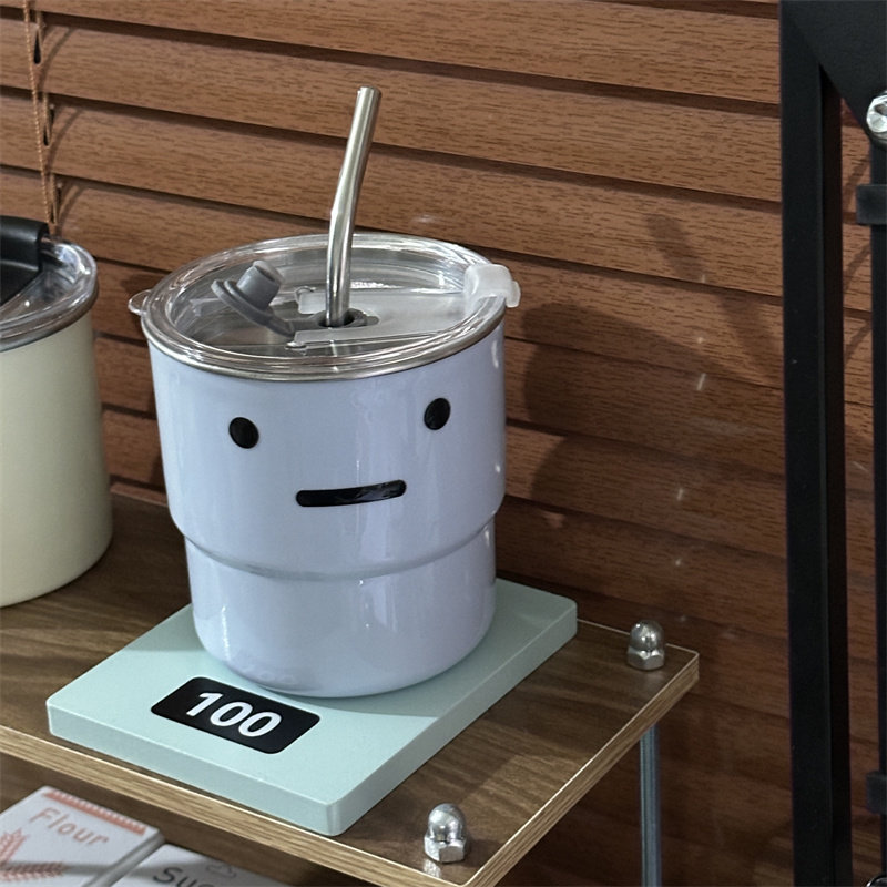 简约ins表情吸管杯304不锈钢随手牛奶咖啡杯带盖带吸管学生吸管杯