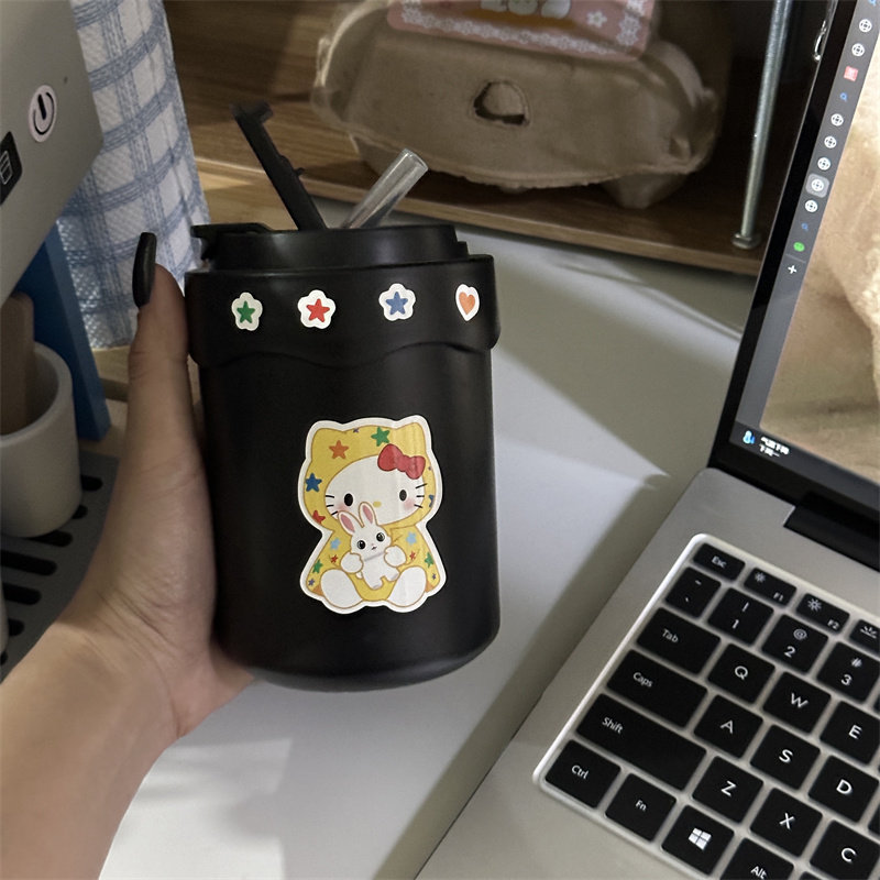 可爱猫猫吸管杯304不锈钢吸管杯双饮杯咖啡牛奶学生便捷塑料水杯