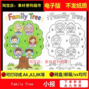 家庭树小学男女生英语手抄报模板我的familytree儿童绘画竖版手绘