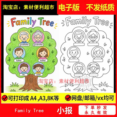 家庭树小学男女生英语手抄报模板我的familytree儿童绘画竖版手绘