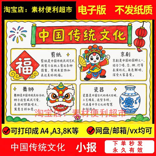 中国传统文化手抄报电子模板非遗传承华国粹戏曲京剧剪纸舞狮瓷器