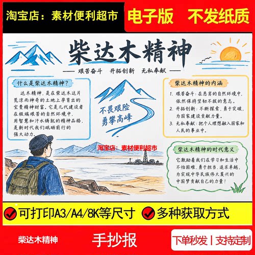 柴达木精神手抄报电子模板艰苦奋斗开拓创新无私奉献汗水线稿手绘