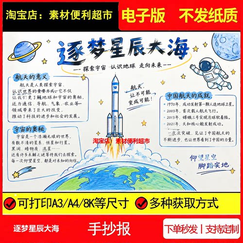 逐梦星辰大海手抄报电子模板航天宇宙奥秘航空意义线稿手绘小报