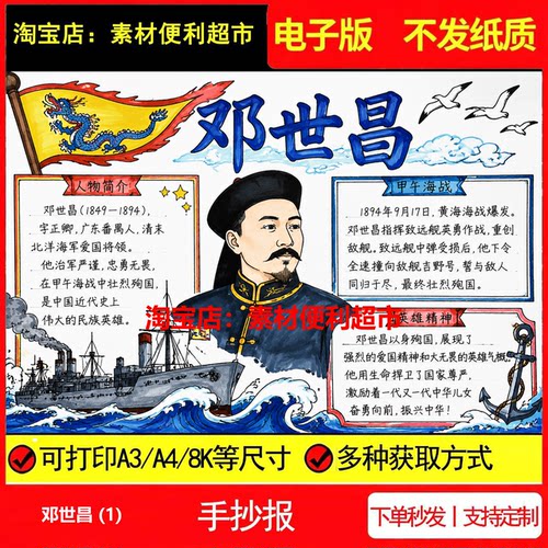 邓世昌手抄报电子模板甲午战争民族英雄线稿手绘小报