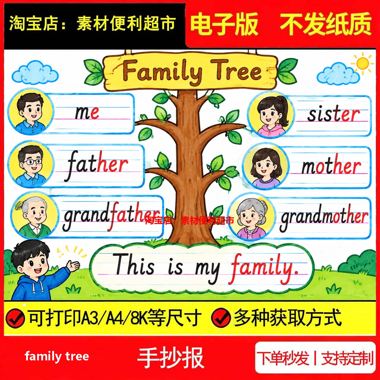 family tree家庭树英语手抄报电子模板英文成员关系线稿手绘小报