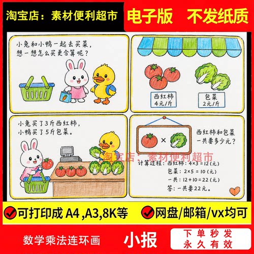 数学乘法连环画手抄报二年级趣味数学超市里的买东西小报线稿手绘
