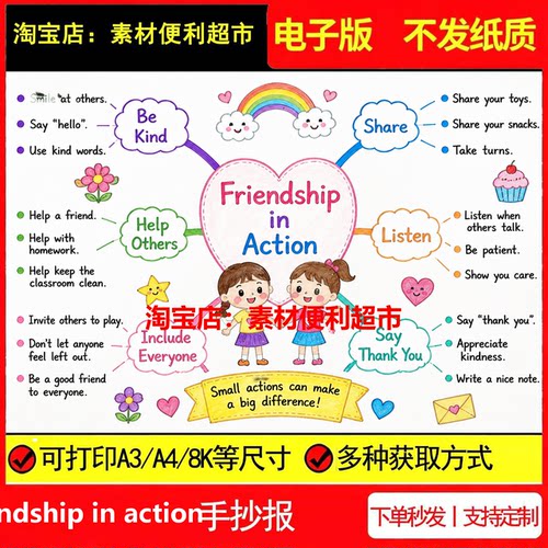 friendship in action友谊在行动手抄报电子模板英语小学线稿手绘