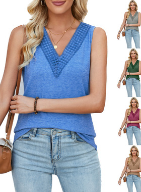 New V-neck stitched sleeveless solid color tank top 背心女士