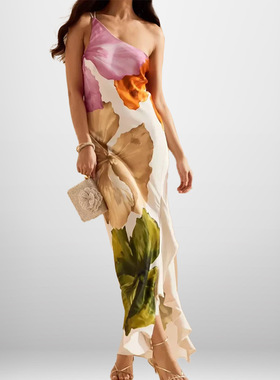Elegant single-shoulder strap dress 优雅气质单肩印花吊带长裙