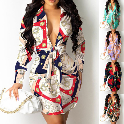 Women's Long Sleeve V-Neck Print Tie Shirt Dress连衣裙女夏
