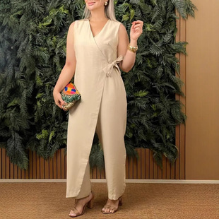无袖V领绑带连体裤女 Women's V-neck belted one-piece pants