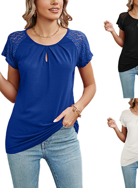 Summer solid color round neck T-shirt top woman 纯色圆领上衣