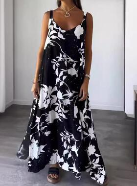 New fashion print halter halter V-neck long dress woman