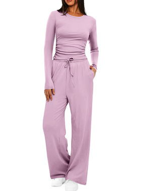 Solid color long sleeve top and trousers casual suit woman