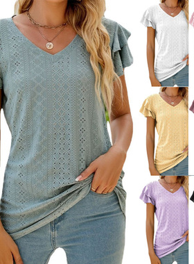 Ladies solid color hole hollow V-neck ruffled T-shirt 上衣