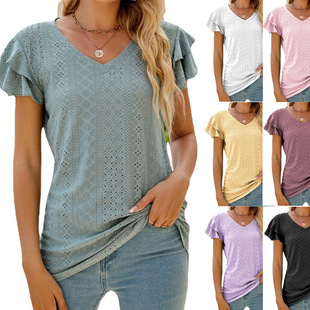 Ladies color solid hole neck hollow 上衣 shirt ruffled