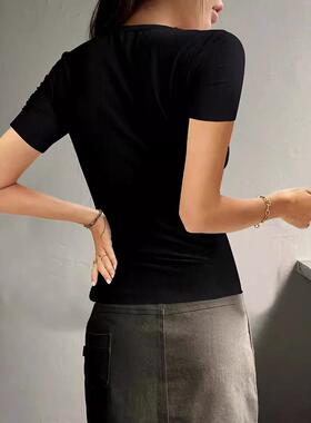 New short sleeve button-tight knit cedar top T-shirt woman