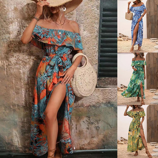 sexy one dress women 荷叶边开叉长裙 waist tie Summer word