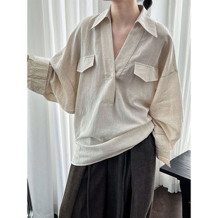 新款 秋季 气质博主松弛感设计衬衣3711 女长袖 鹿西韩系V领亚麻衬衫