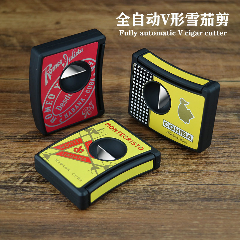 古巴雪茄剪全自动V型雪茄剪顺滑锋利不锈钢便携剪礼盒包装打火机