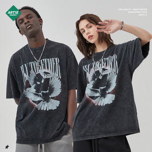 ARTIE男装丨250G水洗复古磨破短袖T恤和平鸽印花纯棉街头潮牌t恤