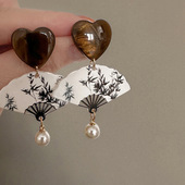 银针爱心扇子珍珠耳环新中式 复古水墨画耳坠古风旗袍新款 耳饰
