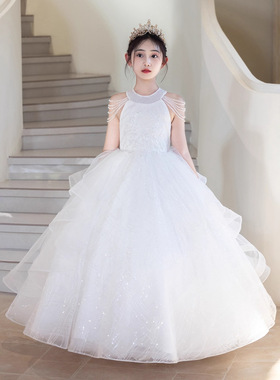 2026新款女童礼服白色高端轻奢生日公主裙主持人走秀演出服高级感