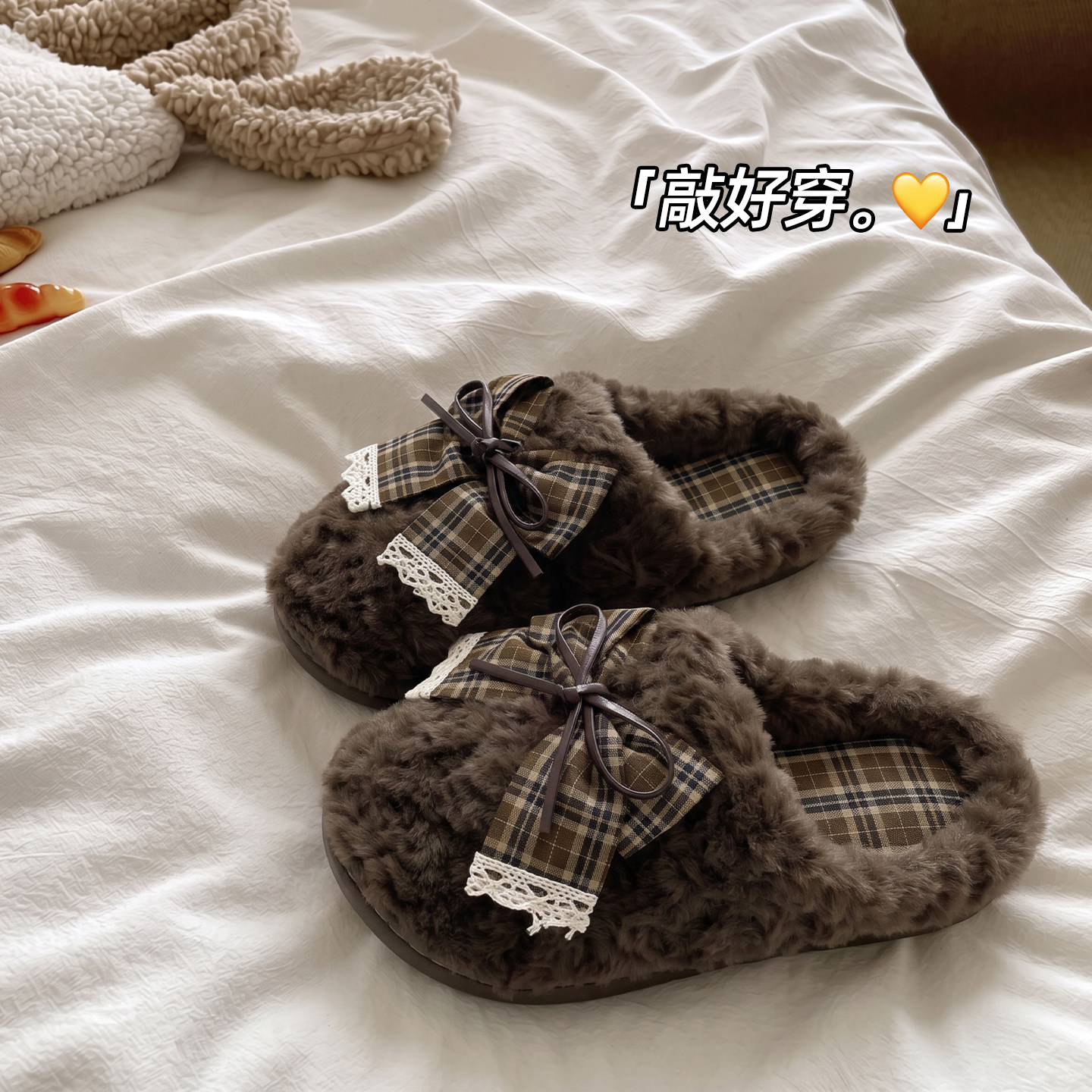 蝴蝶结棉拖鞋女款2026新款秋冬季室内家居防滑毛毛绒保暖棉拖女士