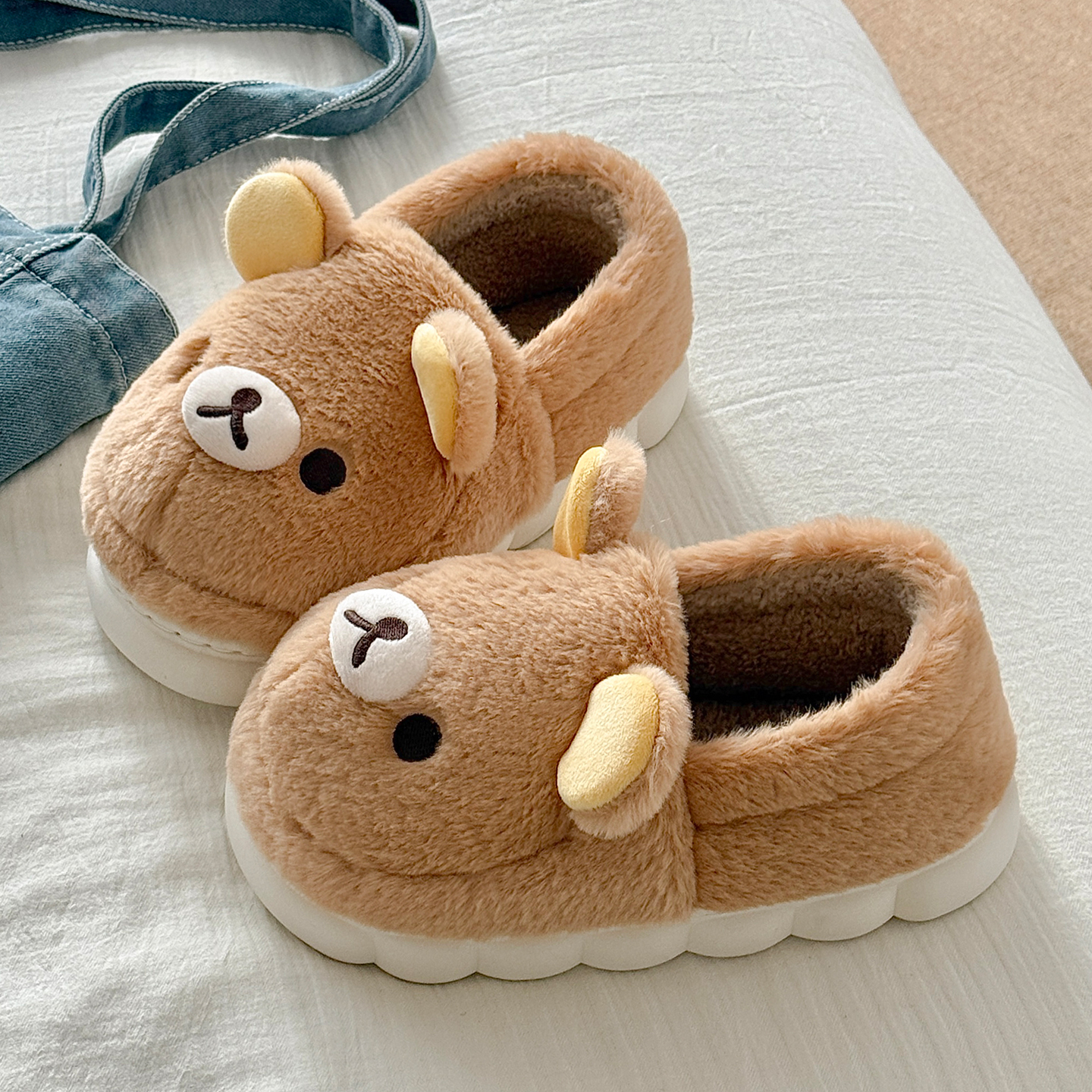 可爱轻松熊包跟棉拖鞋女冬季毛绒