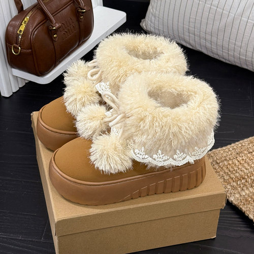 费尔岛毛毛绒雪地靴女士保暖厚底