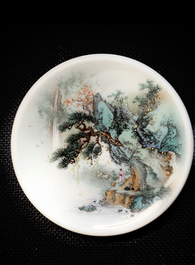 江西省高工艺美术师王钢手绘釉上彩青绿山水9cm景德镇瓷盖置包邮