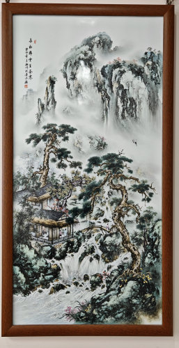 江西省高工艺美术师王钢手绘釉上彩山水画120cm×60cm中堂瓷板
