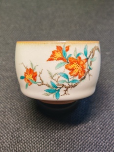 景德镇高级陶瓷美术师夏芳手绘釉上彩石榴花裂纹釉开片主人杯100m