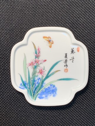 景德镇高陶瓷美术师夏芳手绘釉上彩蕙兰杯垫杯碟8.6cm包邮