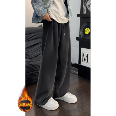美式复古宽松慵懒风加绒直筒裤加厚休闲卫裤男款秋冬季阔腿棉裤子