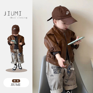 皮衣外套2026春季 儿童百搭夹克条纹哈伦裤 新款 打底衫 长袖 男童韩版