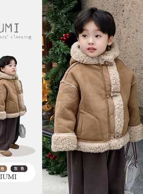 男童加绒外套冬款男童复合一体羊羔毛大衣男宝宝冬装韩版复古童装