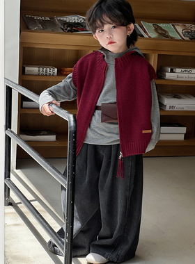 男女童经典条纹连帽上衣儿童街头垂感阔腿牛仔裤儿童韩版时尚套装