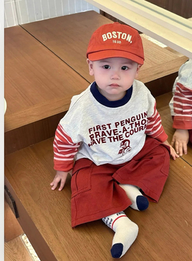 儿童春季新款韩版T恤男童休闲字母印花上衣男宝宝韩版九分工装裤