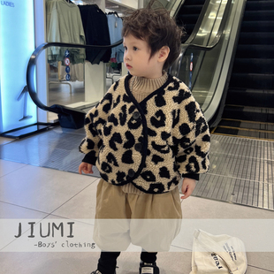 男童加厚半高领毛衣 加绒长裤 男宝宝秋冬套装 儿童豹纹毛毛外套冬款