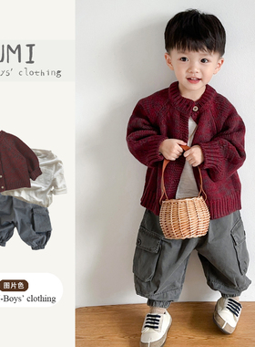 男童春装2026新款韩版针织开衫外套休闲洋气长袖工装裤中小童套装